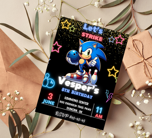 Sonic Neon Bowling Invitation | Glow Party Birthday Invite | Editable Digital Download