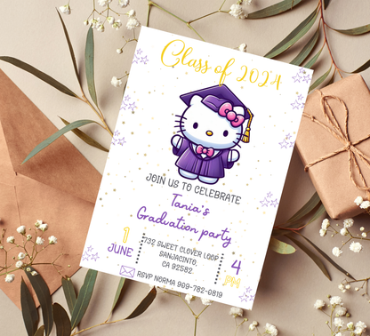 Hello Kitty Purple Graduation Invitation | Kindergarten & Preschool School Invite | Editable Canva Template |