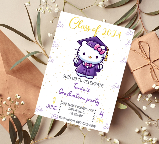 Hello Kitty Purple Graduation Invitation | Kindergarten & Preschool School Invite | Editable Canva Template |