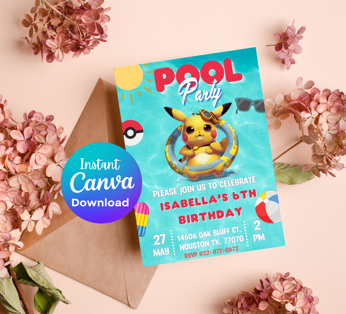 Pikachu Pokémon Pool Birthday Invitation | Summer Pool Party | Editable Digital Invite