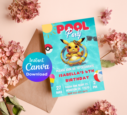Pikachu Pokémon Pool Birthday Invitation | Summer Pool Party | Editable Digital Invite