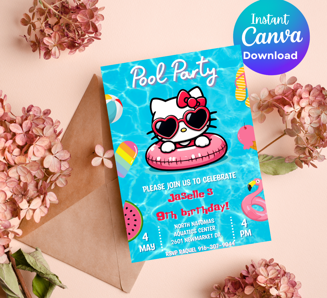 Hello Kitty Blue Pool Party Birthday Invitation | Kawaii Summer Swim Invite | Editable Canva Template | Cute Printable Birthday Invitation