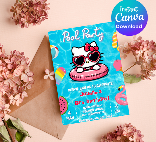 Hello Kitty Blue Pool Party Birthday Invitation | Kawaii Summer Swim Invite | Editable Canva Template | Cute Printable Birthday Invitation
