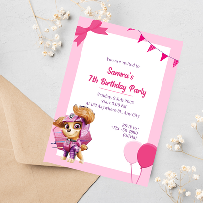 Paw Patrol Skye Pink Birthday Invitation | Girl Puppy Party Invite | Editable Template
