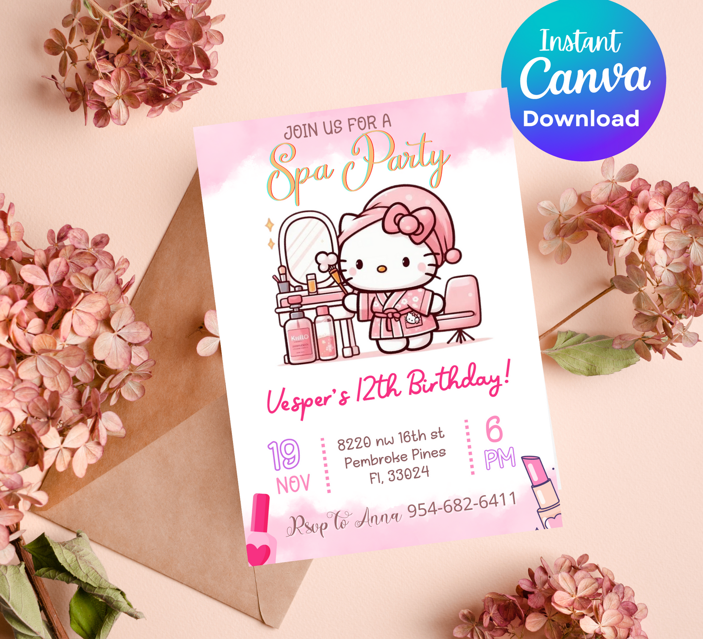 Hello Kitty Spa Sleepover Birthday Invitation | Editable Canva Template | Kawaii Slumber & Spa Party Invite | Printable Kids Birthday