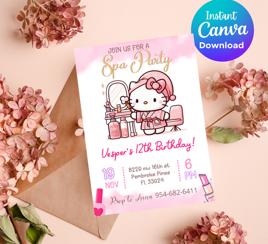 Hello Kitty Spa Sleepover Birthday Invitation | Editable Canva Template | Kawaii Slumber & Spa Party Invite | Printable Kids Birthday