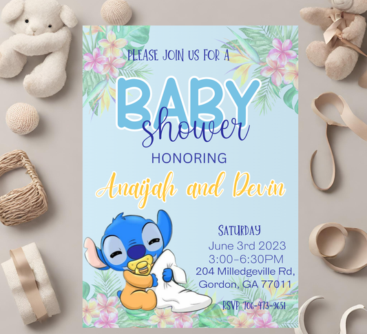 Stitch Blue With Flowers Baby Shower Invitation | Boy Baby Shower | Editable Canva Template