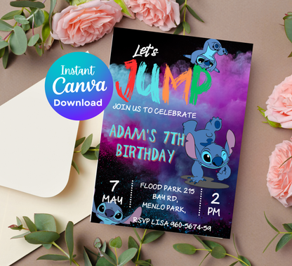Stitch Jump Neon Birthday Invitation 🌈✨ | Glow Party Invite | Editable Canva Template