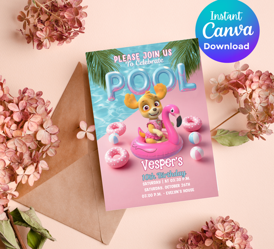 Skye PAW Patrol Pool Birthday Invitation – Editable Canva Template – Pink Girl’s Summer Swim Party Invite – High-Flying Splash Birthday Invitation