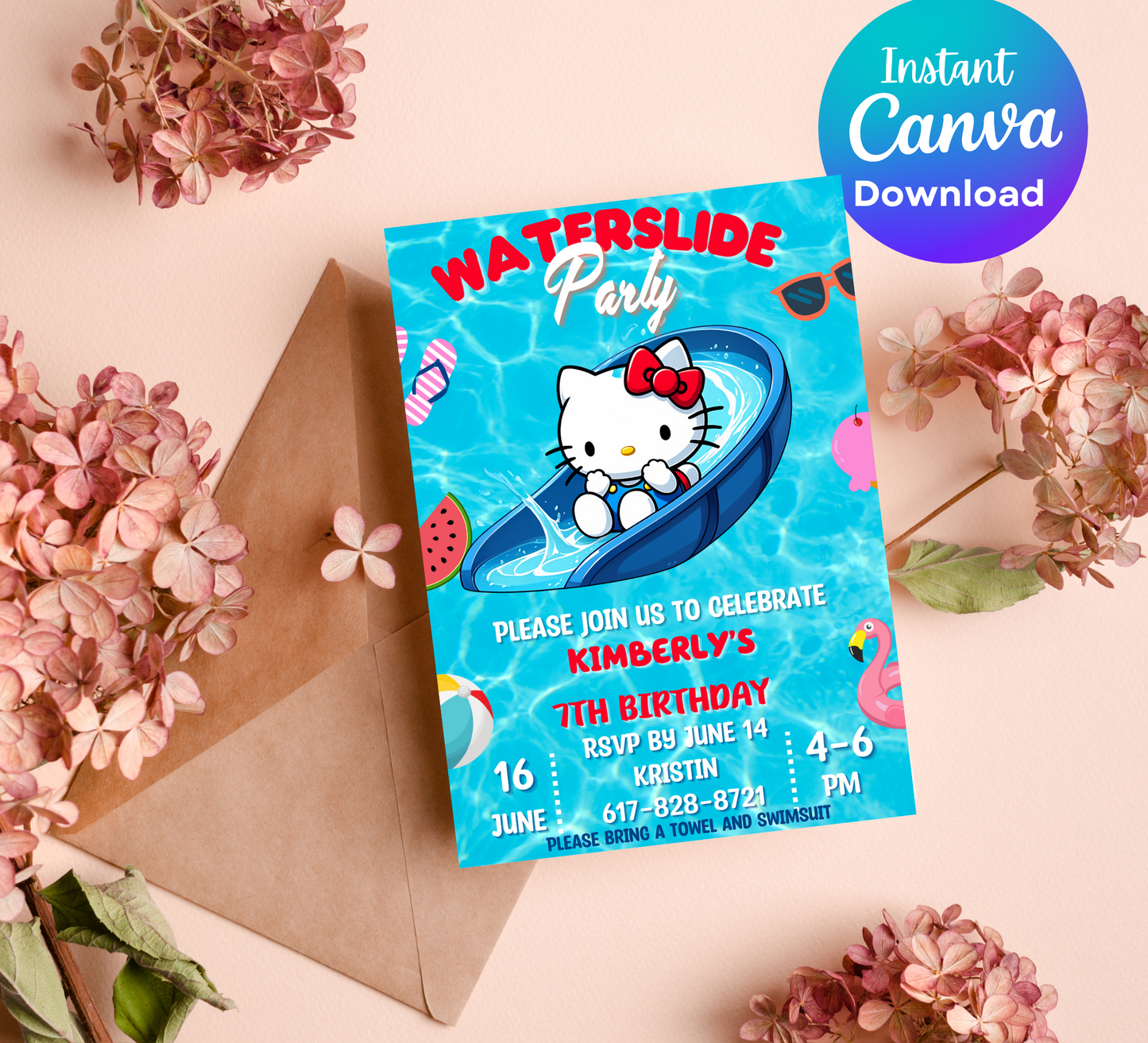 Hello Kitty Pool Waterslide Birthday Invitation | Editable Canva Template | Kawaii Summer Slide & Splash Party Invite | Printable Girls Birthday Invitation