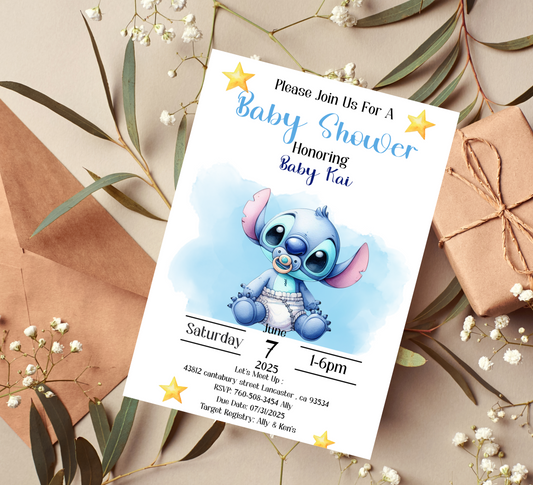 Stitch Watercolor Blue Baby Shower Invitation | Cute Boy Baby Shower Invite | Editable Canva Template | Printable Baby Shower Card