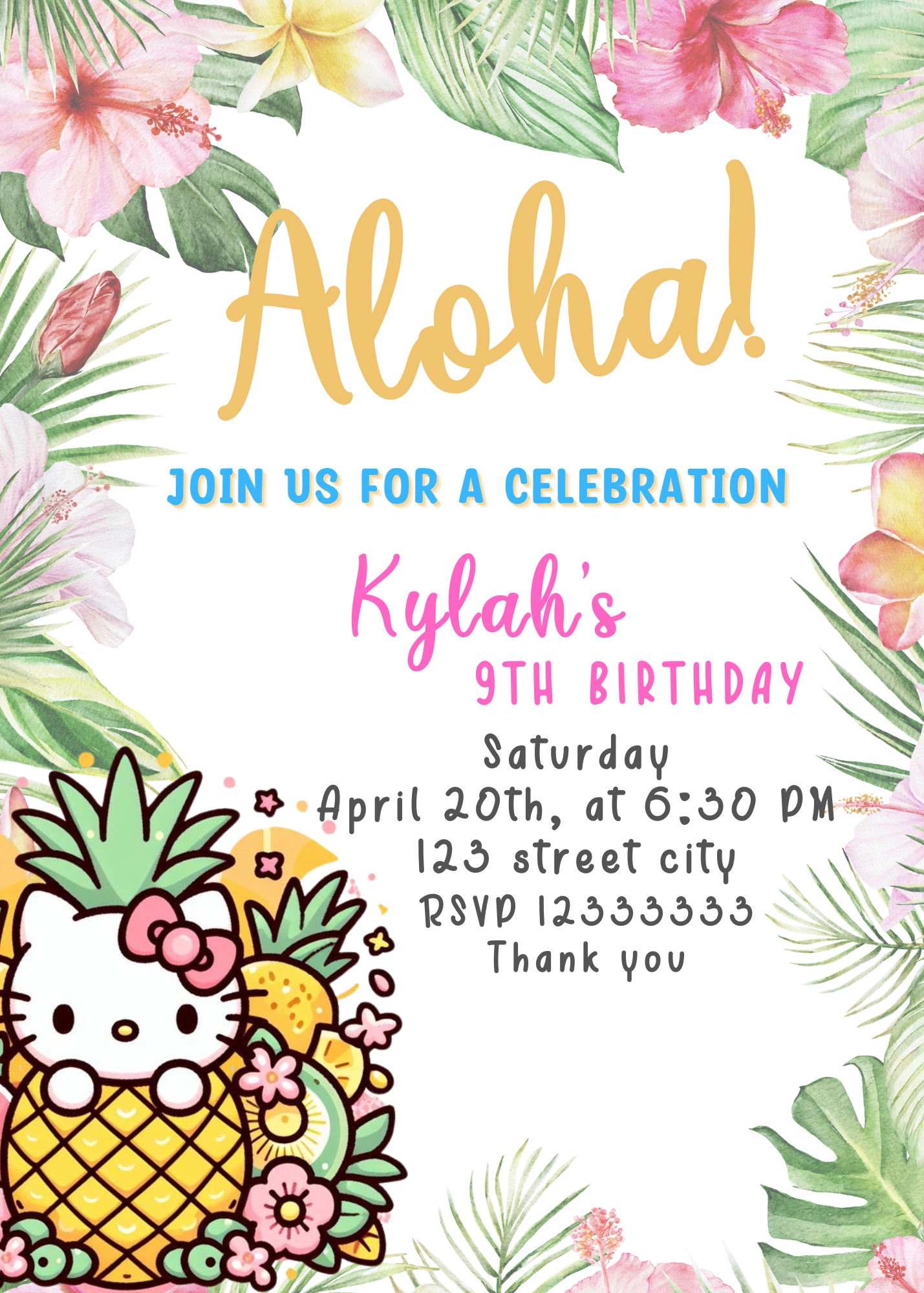 Hello Kitty Aloha Tropical Hawaii Birthday Invitation | Editable Canva Template | Kawaii Luau Party Invite | Printable Girls Birthday Invitation