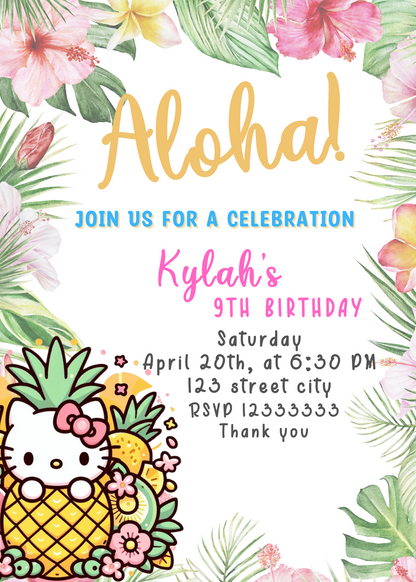 Hello Kitty Aloha Tropical Hawaii Birthday Invitation | Editable Canva Template | Kawaii Luau Party Invite | Printable Girls Birthday Invitation