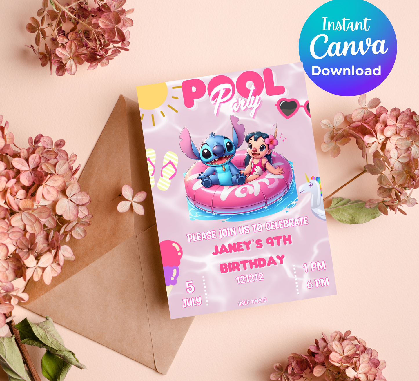 Stitch Pink Pool Birthday Invitation | Tropical Girl's Swim Party Editable Canva Template (Copy)