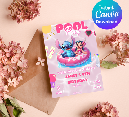 Stitch Pink Pool Birthday Invitation | Tropical Girl's Swim Party Editable Canva Template (Copy)