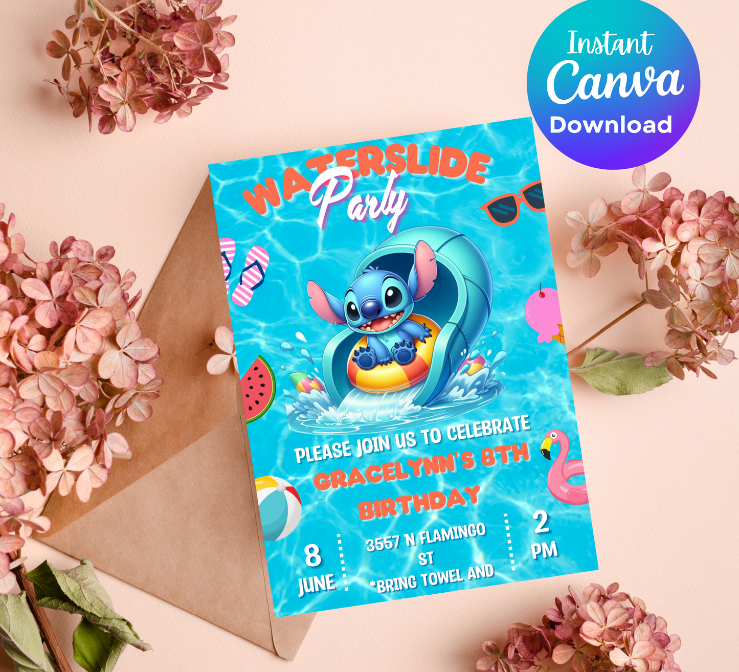 Stitch Waterslide Pool Birthday Invitation | Editable Canva Template | Tropical Swim Party Invite | Printable Summer Birthday Invitation