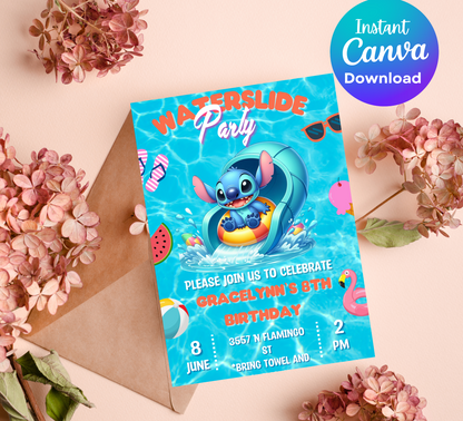 Stitch Waterslide Pool Birthday Invitation | Editable Canva Template | Tropical Swim Party Invite | Printable Summer Birthday Invitation