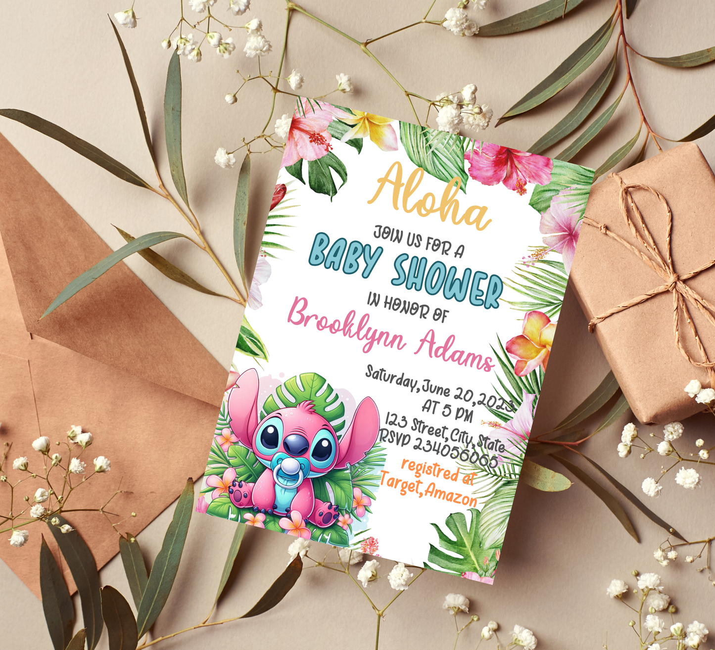 Stitch Pink Tropical Baby Shower Invitation | Cute Angel & Stitch Editable Canva Template