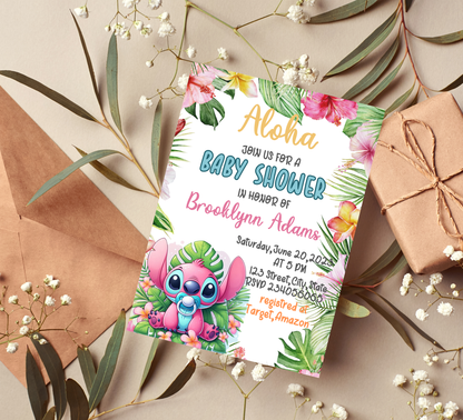 Stitch Pink Tropical Baby Shower Invitation | Cute Angel & Stitch Editable Canva Template