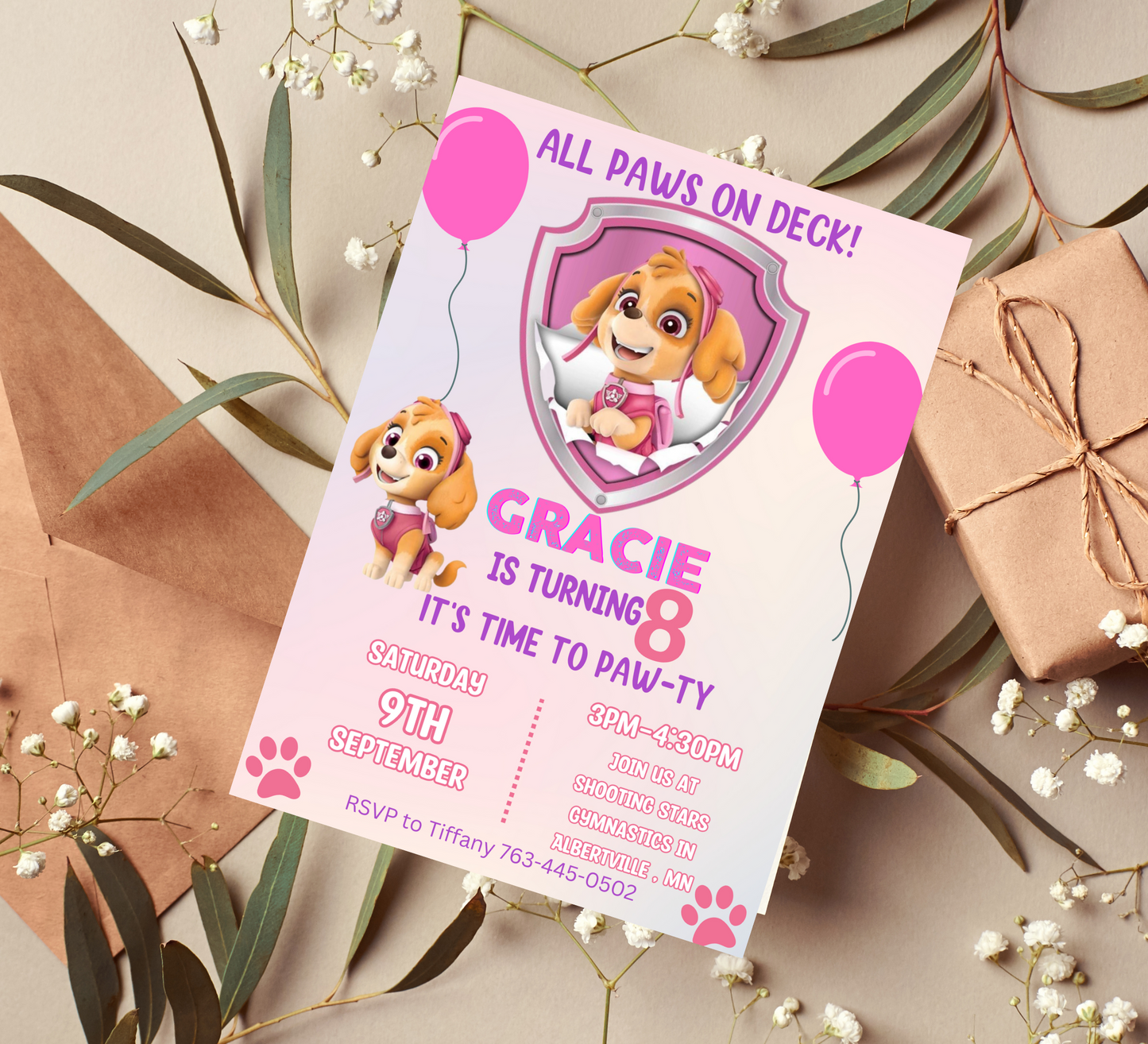 Paw Patrol Skye Pink Birthday Invitation | Editable Canva Template | Girls Paw Patrol Party Invite | Printable Kids Birthday Invitation