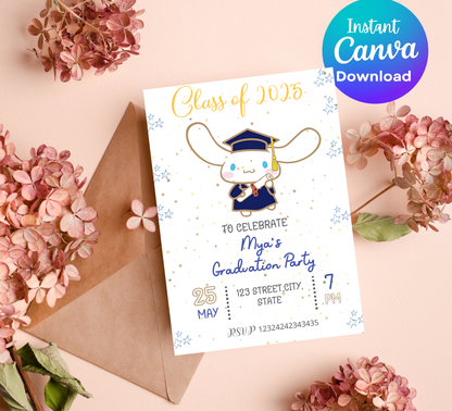 Cinnamoroll Kawaii Graduation Invitation | Kindergarten & School Invite | Editable Canva Template | Cute Aesthetic Class