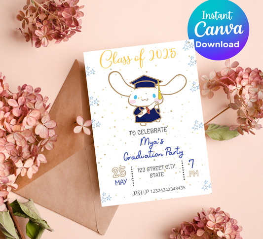 Cinnamoroll Kawaii Graduation Invitation | Kindergarten & School Invite | Editable Canva Template | Cute Aesthetic Class