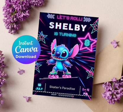 Stitch Neon Roller Skating Birthday Invitation | Editable Canva Template | Kawaii Glow Party Invite | Printable Kids Birthday Invitation