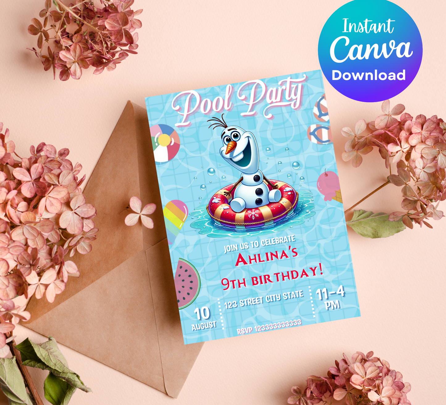 Olaf Frozen Pool Birthday Invitation | Editable Canva Template | Summer Swim Party Invite | Printable Kids Birthday Invitation
