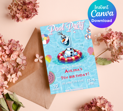 Olaf Frozen Pool Birthday Invitation | Editable Canva Template | Summer Swim Party Invite | Printable Kids Birthday Invitation