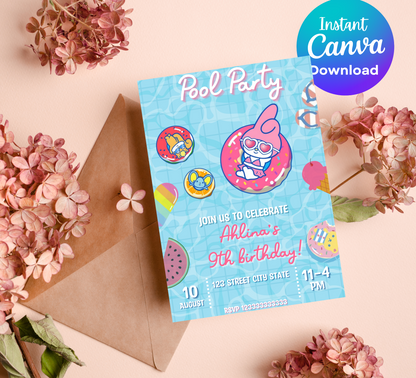 My Melody Pink Pool Birthday Invitation | Kawaii Summer Party Invite | Editable Template | Cute Sanrio Pool Party Birthday