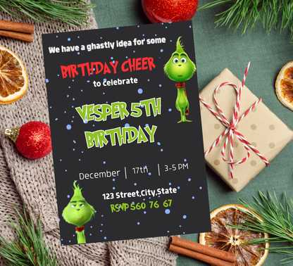 Grinch Christmas Winter Birthday Invitation | Grinchmas Party Invite | Editable Template