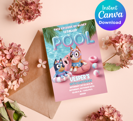 Bluey Pool Birthday Invitation – Editable Canva Template – Bluey & Bingo Swim Party Invite – Kids Summer Splash Birthday Printable – Tropical Heeler Family Pool Bash