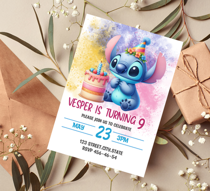 Stitch Watercolor Birthday Invitation 🎨💙 | Cute Kawaii Party Invite | Editable Canva Template