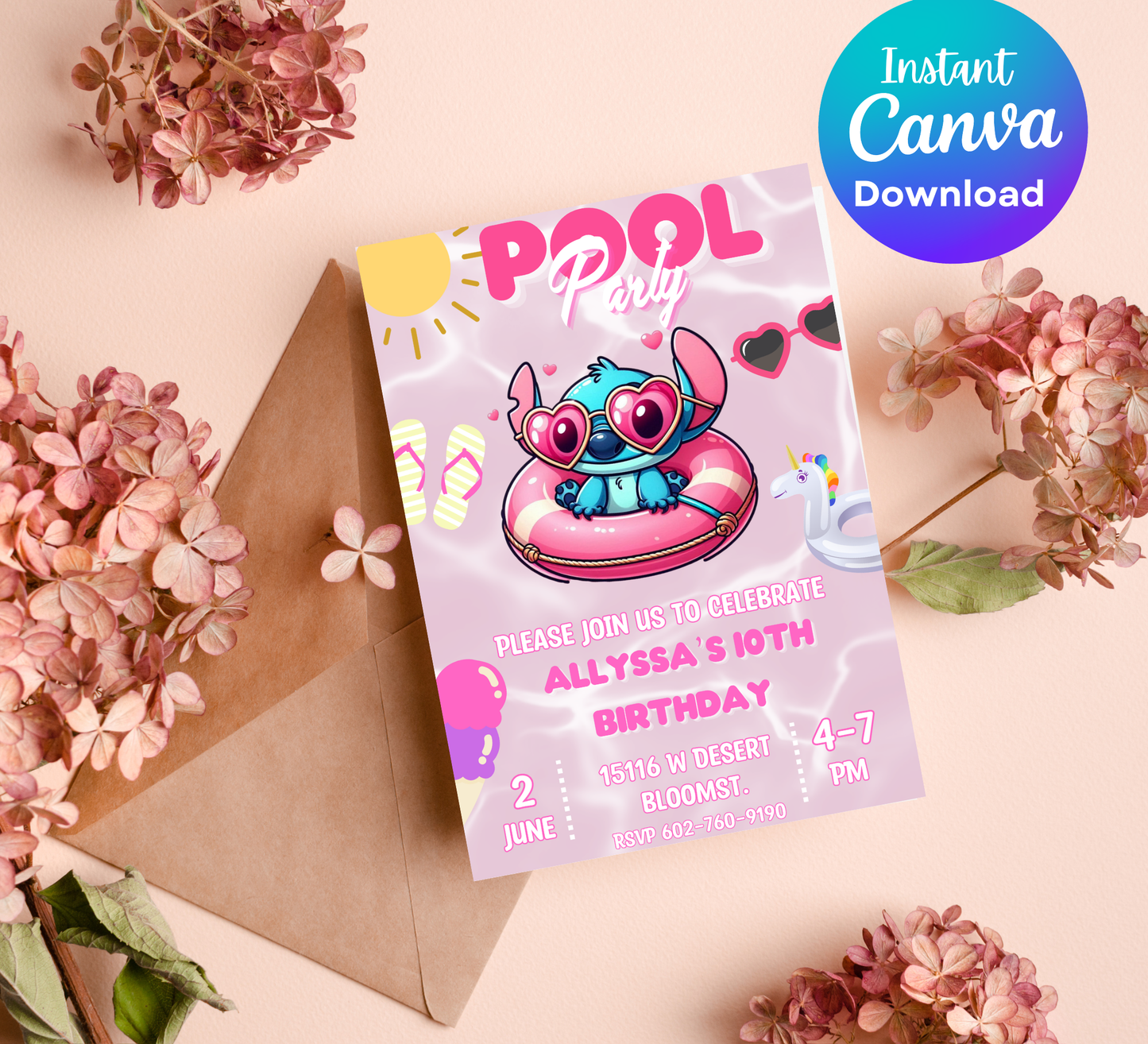 Stitch Pink Pool Birthday Invitation | Tropical Girl's Swim Party | Editable Canva Template | Pink Stitch Summer Bash | Hibiscus Floral Pool Invite