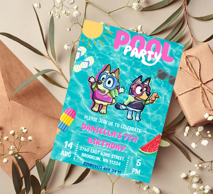 Bluey Pool Waterslide Birthday Invitation | Summer Swim Party | Editable Canva Template