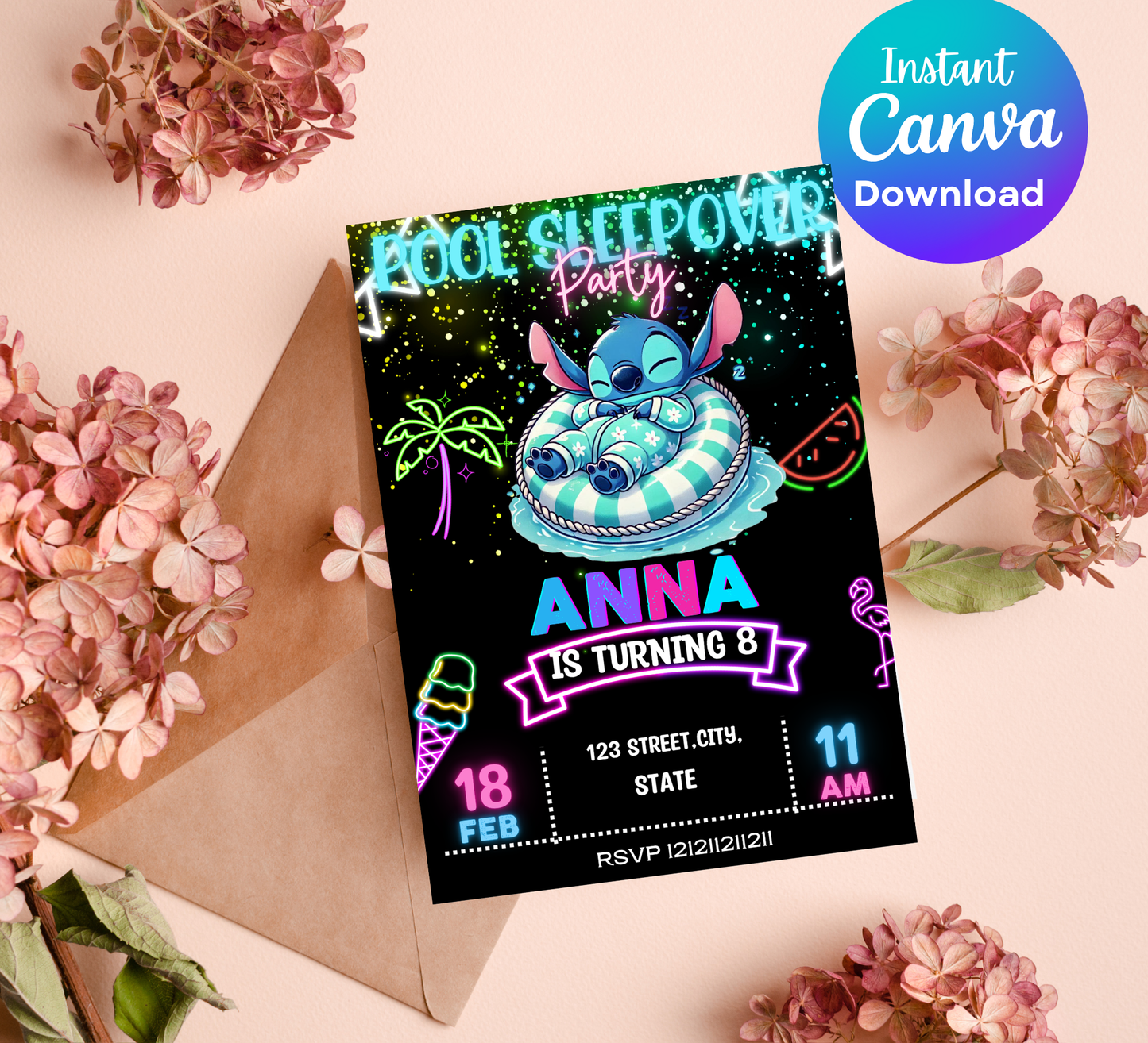 Neon Stitch Pool Party & Sleepover Invitation | Glow in the Dark Birthday | Editable Canva Template | Tropical Night Swim Invite