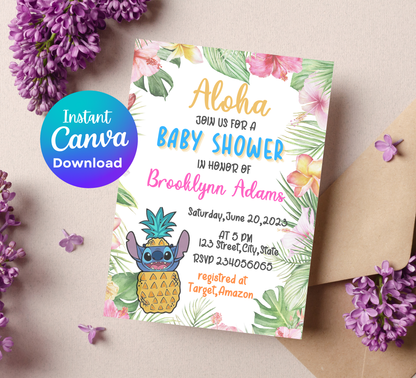Stitch Aloha Baby Shower Invitation | Tropical Hawaii Luau Theme | Editable Canva Template