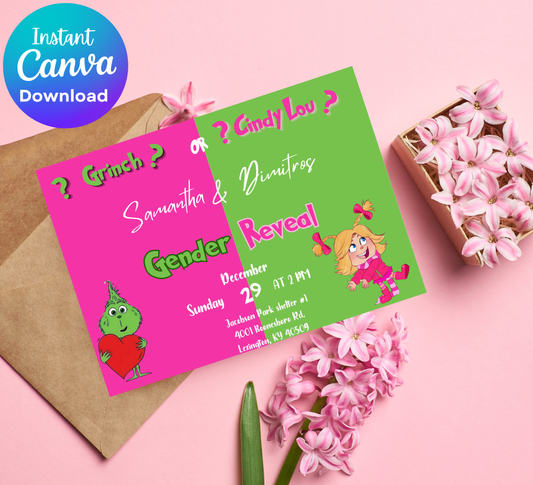 Grinch & Cindy Lou Gender Reveal Invitation | Pink & Green Christmas Reveal | Editable Template