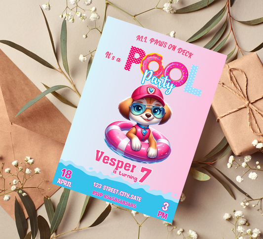 Skye PAW Patrol Pool Birthday Invitation | Girl's Puppy Pool Party | Editable Canva Template | Skye & Everest Summer Swim Invite | Pink Pup Splash Birthday