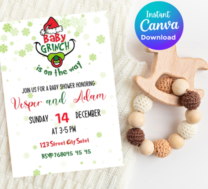 Grinch Baby Shower Christmas Winter Invitation | Holiday Baby Celebration | Editable Template