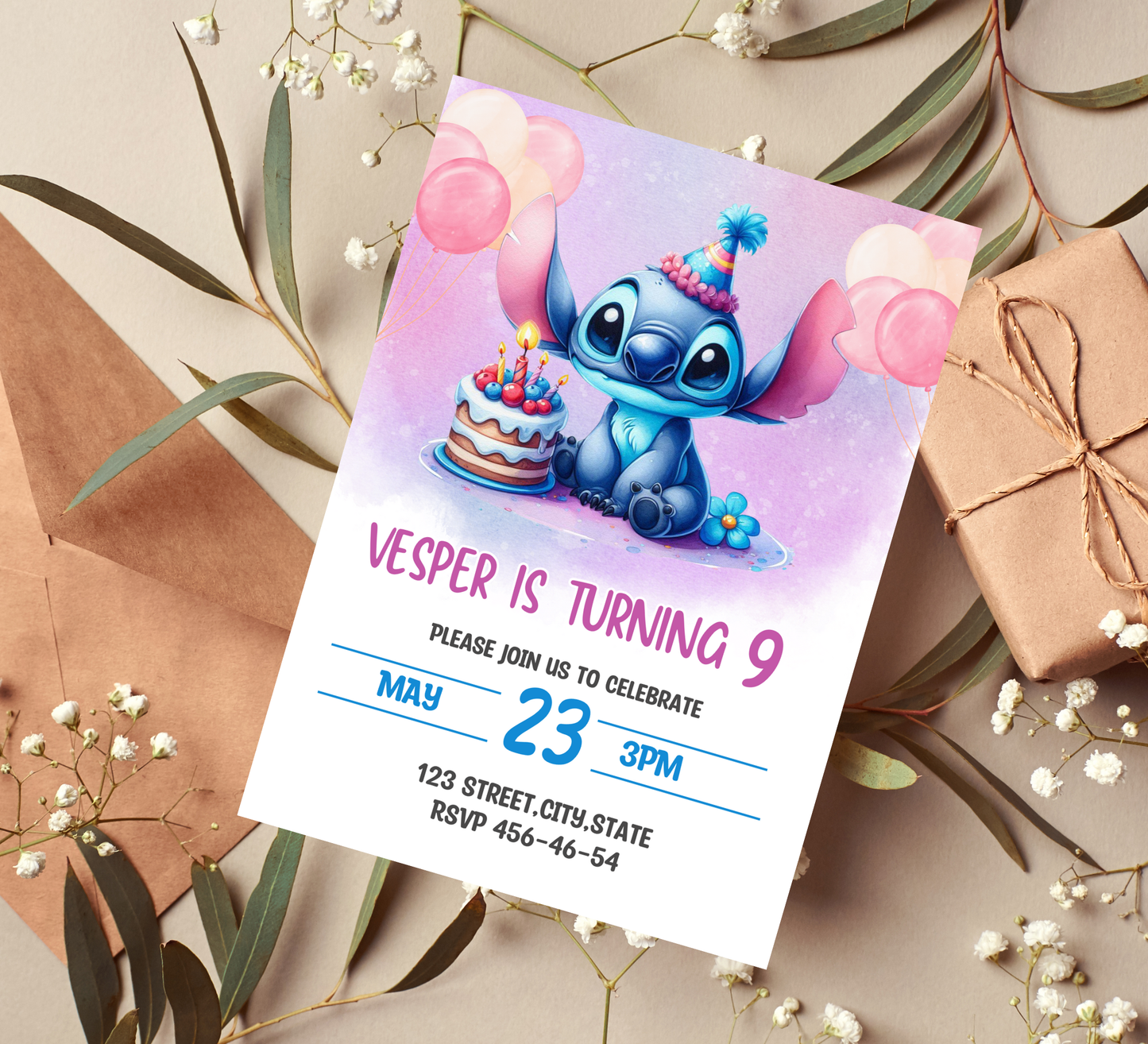 Stitch Watercolor Purple Birthday Invitation | Cute Kawaii Party Invite | Editable Canva Template