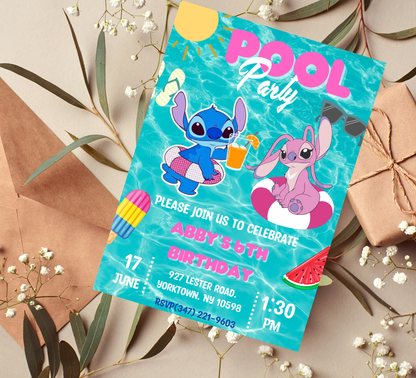 Stitch & Angel Pool Birthday Invitation | Tropical Swim Party | Editable Template