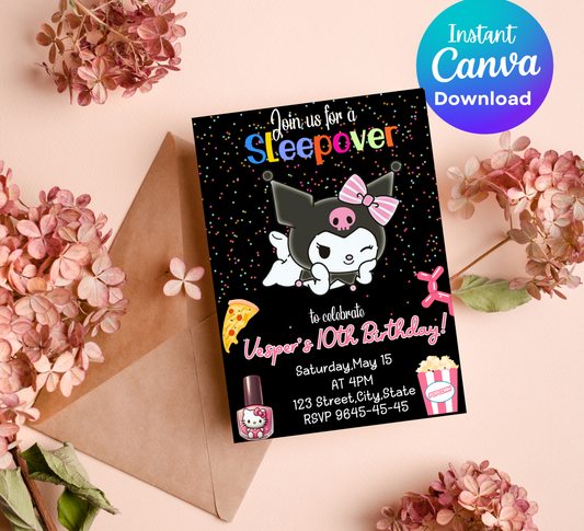 Kawaii Kuromi Neon Sleepover Birthday Invitation | Slumber Party Invite | Editable Canva Template | Cute Glow Party Printable