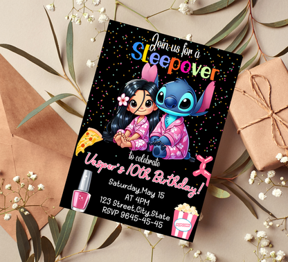 Stitch & Lilo Neon Sleepover Invitation | Glow in the Dark Slumber Party | Editable Canva Template | Cyber Neon Ohana Night