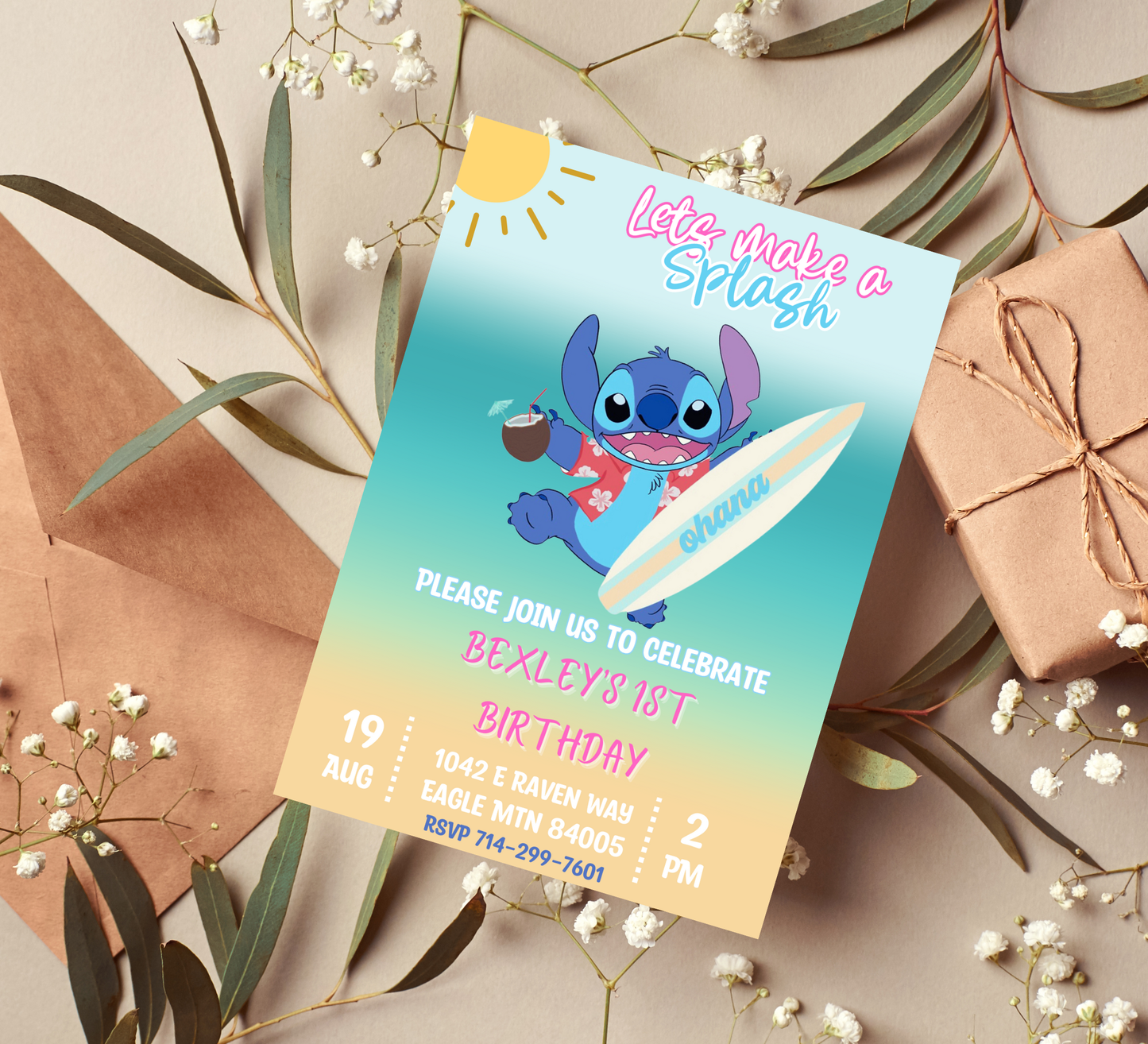 Stitch Surf Pool Birthday Invitation | Tropical Surfing Swim Party | Editable Canva Template