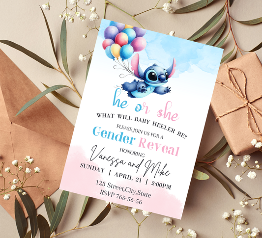 Stitch With Balloons Gender Reveal Invitation | Cute Baby Reveal Party | Editable Canva Template