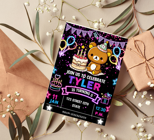 Rilakkuma Kawaii Neon Birthday Invitation | Cute Glow Party Invite | Editable Canva Template | Neon Bear Birthday Printable