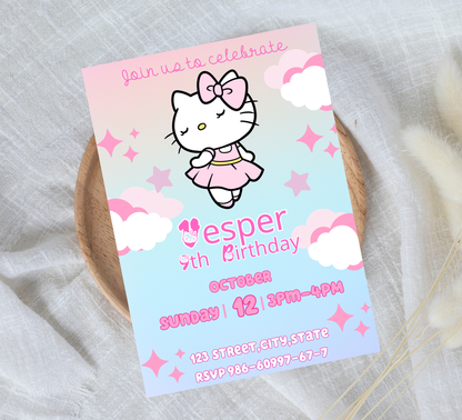 Hello Kitty Ballet Pastel Birthday Invitation | Kawaii Ballerina Party | Editable Template
