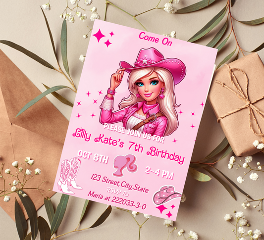 Barbie Cowboy Pink Birthday Invitation | Editable Canva Template | Western Party Invite | Printable Girls Birthday Invitation