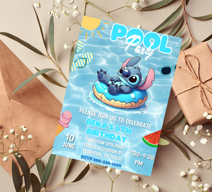 Stitch Blue Swim Ring Pool Birthday Invitation 💙🛟 | Summer Swim Party | Editable Digital Template
